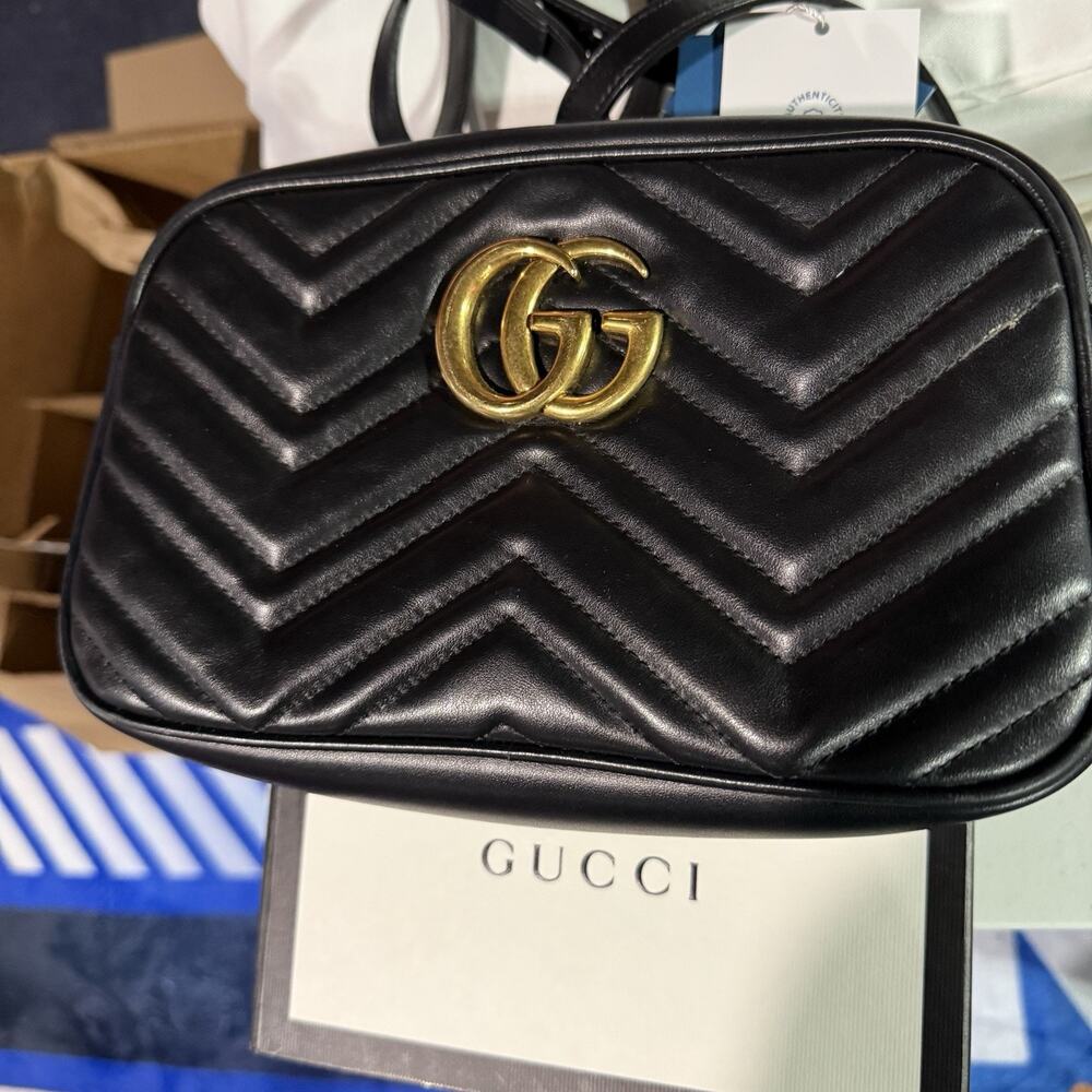 Gucci GG Marmont Matelasse Shoulder Bag Black Leather W Dust Bag, Box
